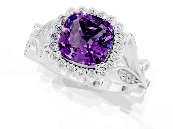 White gold Cushion Cut Amethyst Halo Ring with Vintage Split Shank and Four-Prong Setting