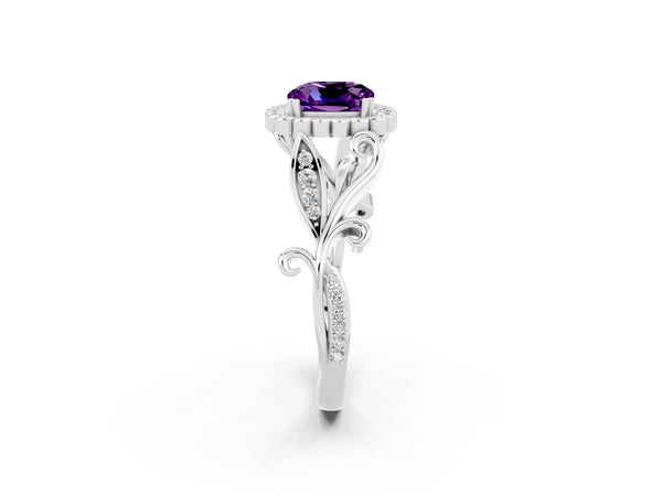 White gold Cushion Cut Amethyst Halo Ring with Vintage Split Shank and Four-Prong Setting