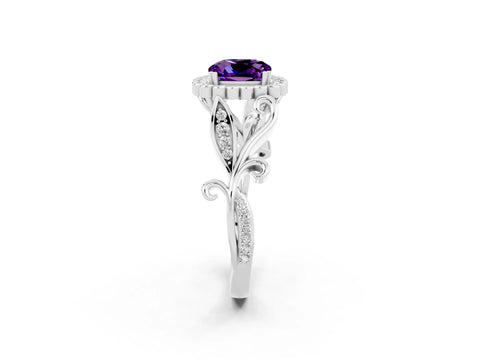 White gold Cushion Cut Amethyst Halo Ring with Vintage Split Shank and Four-Prong Setting_26