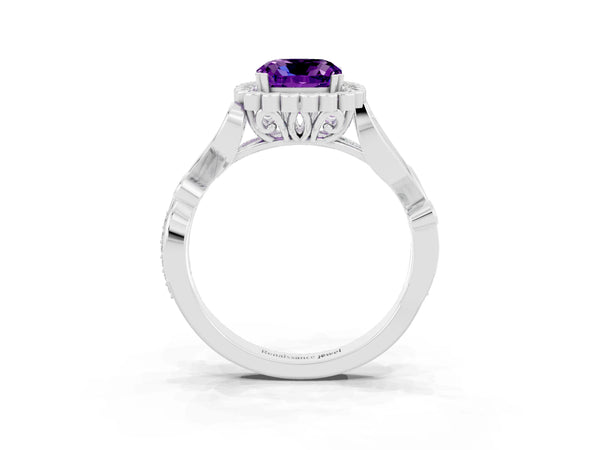 Silver Cushion Cut Amethyst Halo Ring with Vintage Split Shank and Four-Prong Setting
