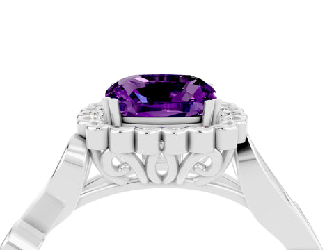 White gold Cushion Cut Amethyst Halo Ring with Vintage Split Shank and Four-Prong Setting_28