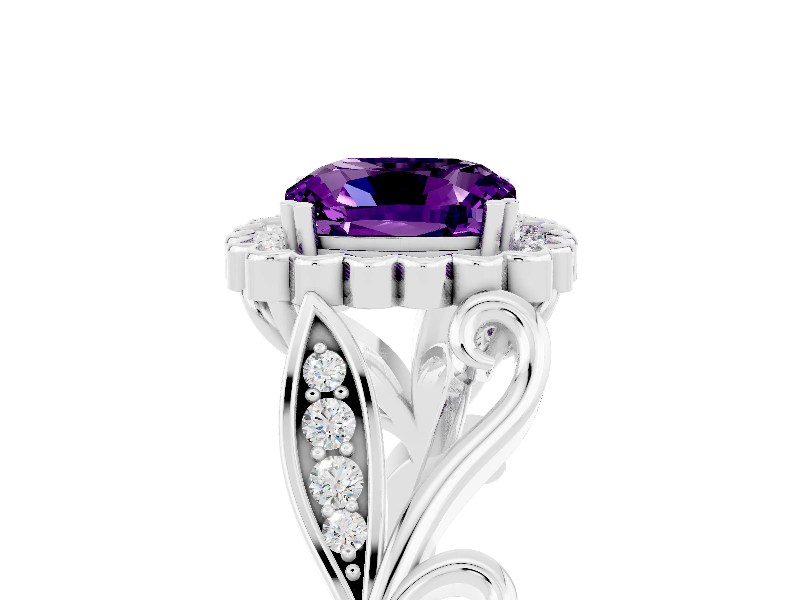 White gold Cushion Cut Amethyst Halo Ring with Vintage Split Shank and Four-Prong Setting_29