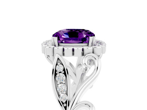 White gold Cushion Cut Amethyst Halo Ring with Vintage Split Shank and Four-Prong Setting_29