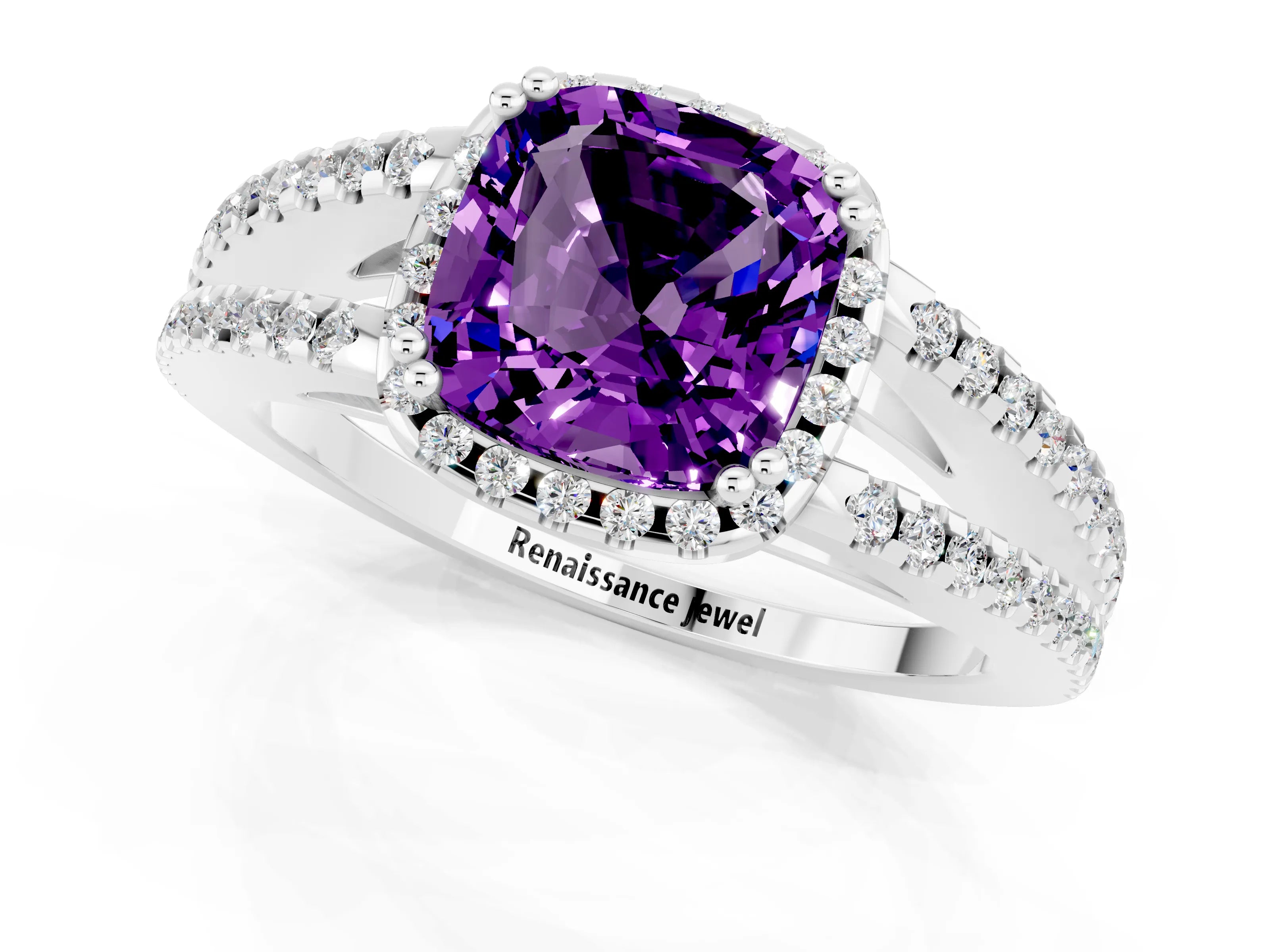 White gold Cushion Cut Amethyst Halo Split Shank Engagement Ring_13