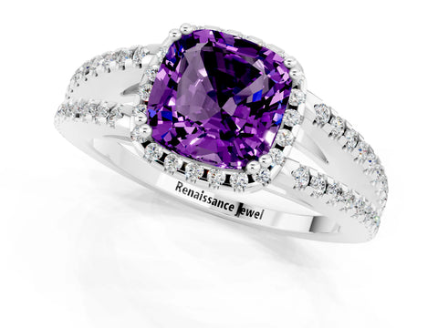 White gold Cushion Cut Amethyst Halo Split Shank Engagement Ring_13