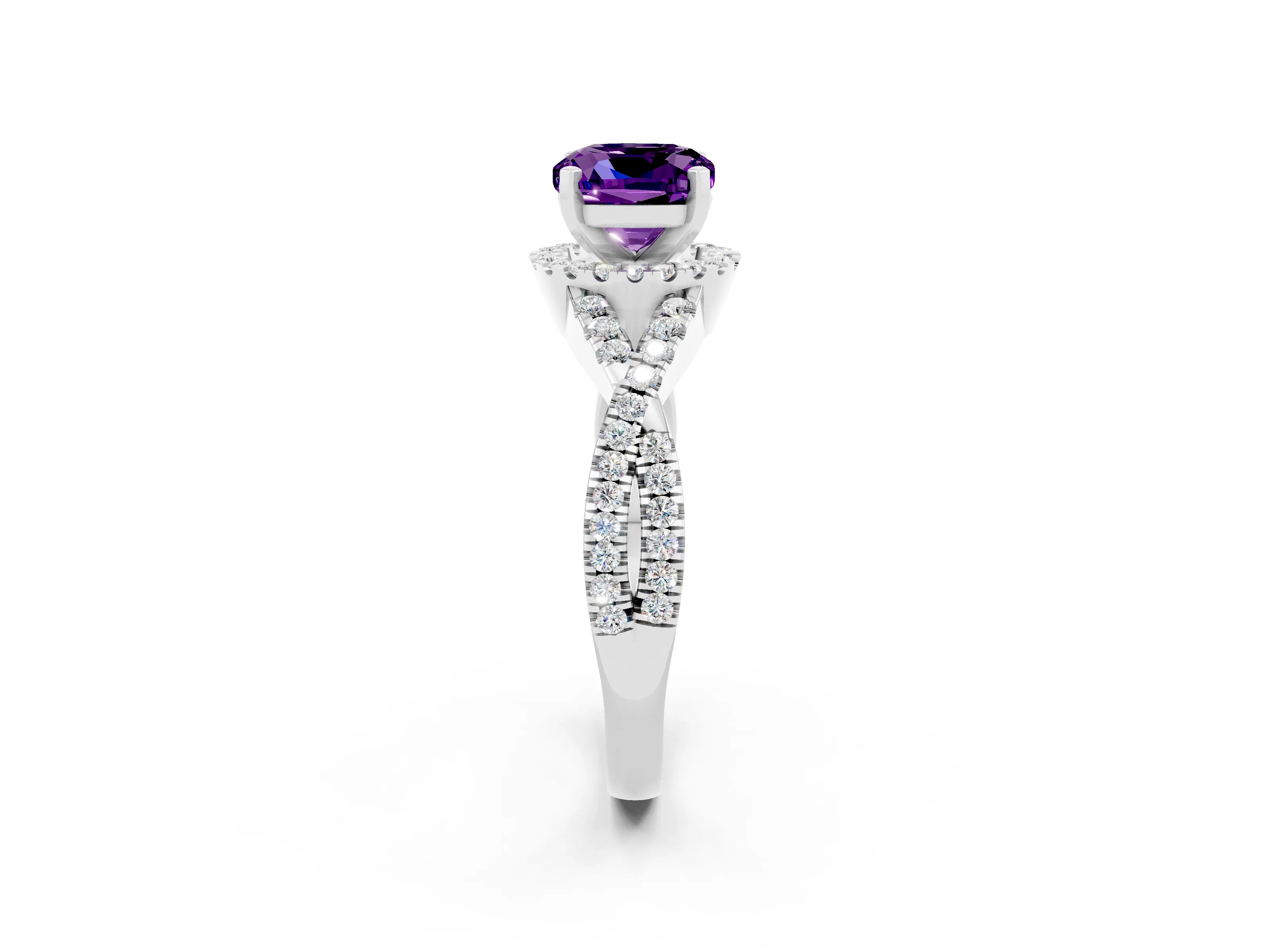 White gold Cushion Cut Amethyst Halo Twist Band Solitaire Prong Setting Ring_2