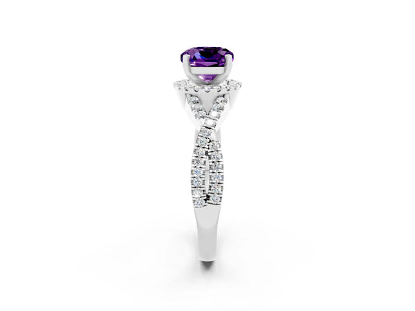White gold Cushion Cut Amethyst  Halo Twist Band Solitaire Prong Setting Ring
