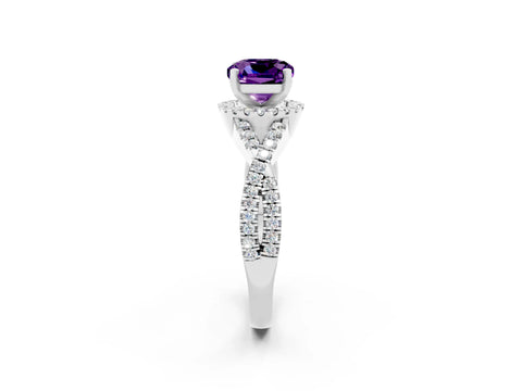 White gold Cushion Cut Amethyst Halo Twist Band Solitaire Prong Setting Ring_2