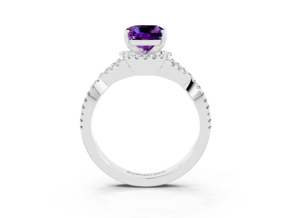 Silver Cushion Cut Amethyst  Halo Twist Band Solitaire Prong Setting Ring