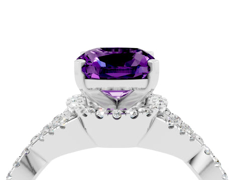 White gold Cushion Cut Amethyst Halo Twist Band Solitaire Prong Setting Ring_4