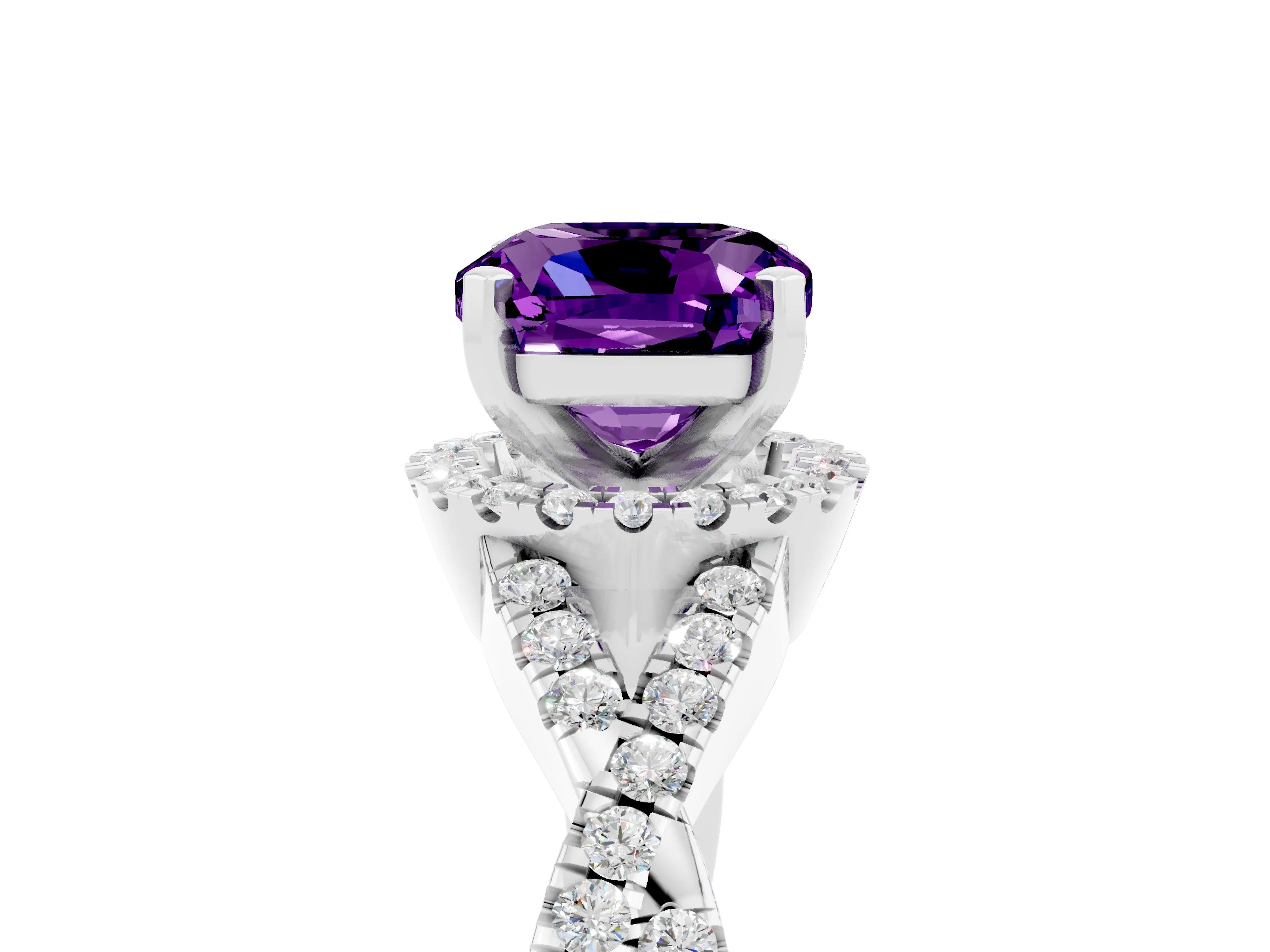 White gold Cushion Cut Amethyst Halo Twist Band Solitaire Prong Setting Ring_5