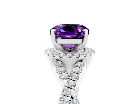 White gold Cushion Cut Amethyst Halo Twist Band Solitaire Prong Setting Ring_5