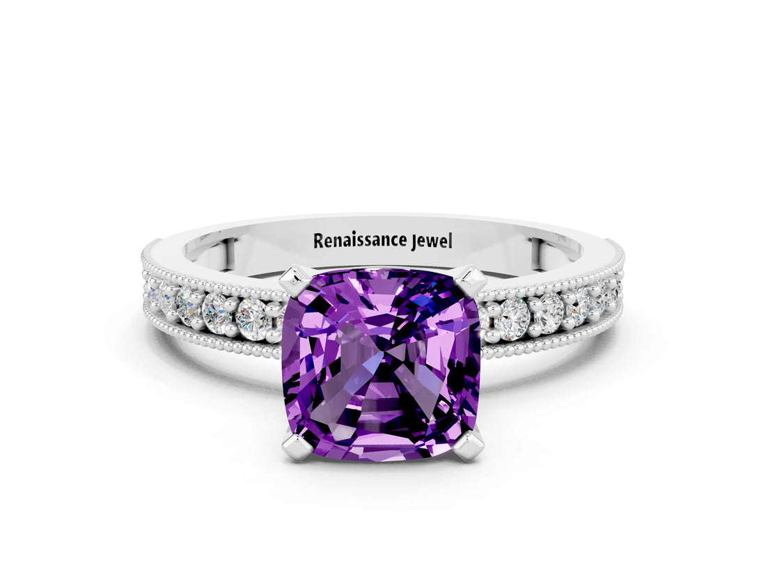 White gold Cushion Cut Amethyst Milgrain Pavé Engagement Ring with Four-Prong Setting_12