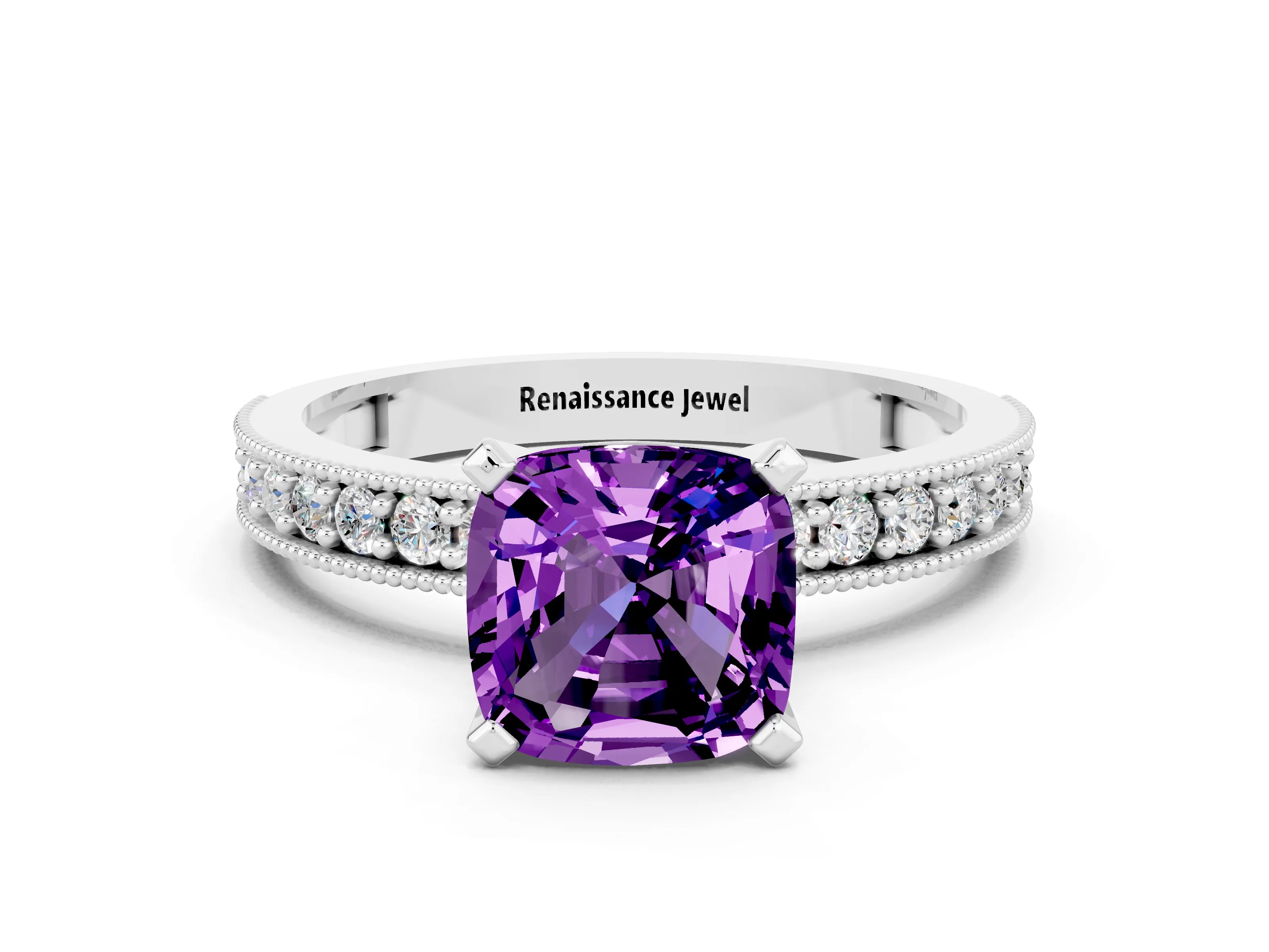 White gold Cushion Cut Amethyst Milgrain Pavé Engagement Ring with Four-Prong Setting_12