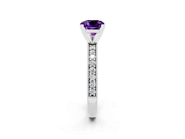 White gold Cushion Cut Amethyst Milgrain Pavé Engagement Ring with Four-Prong Setting