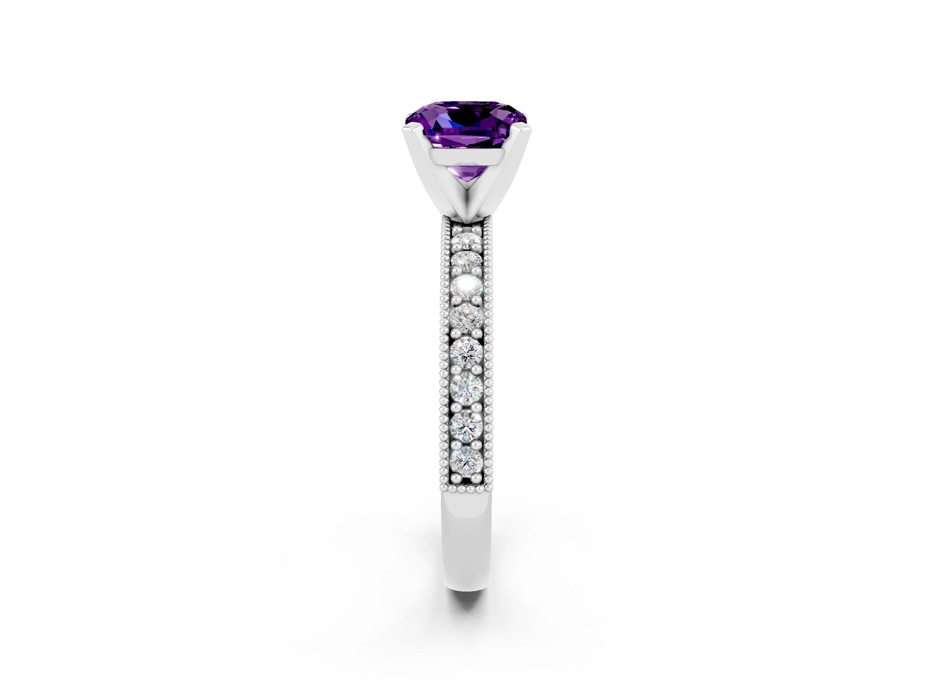 White gold Cushion Cut Amethyst Milgrain Pavé Engagement Ring with Four-Prong Setting_14