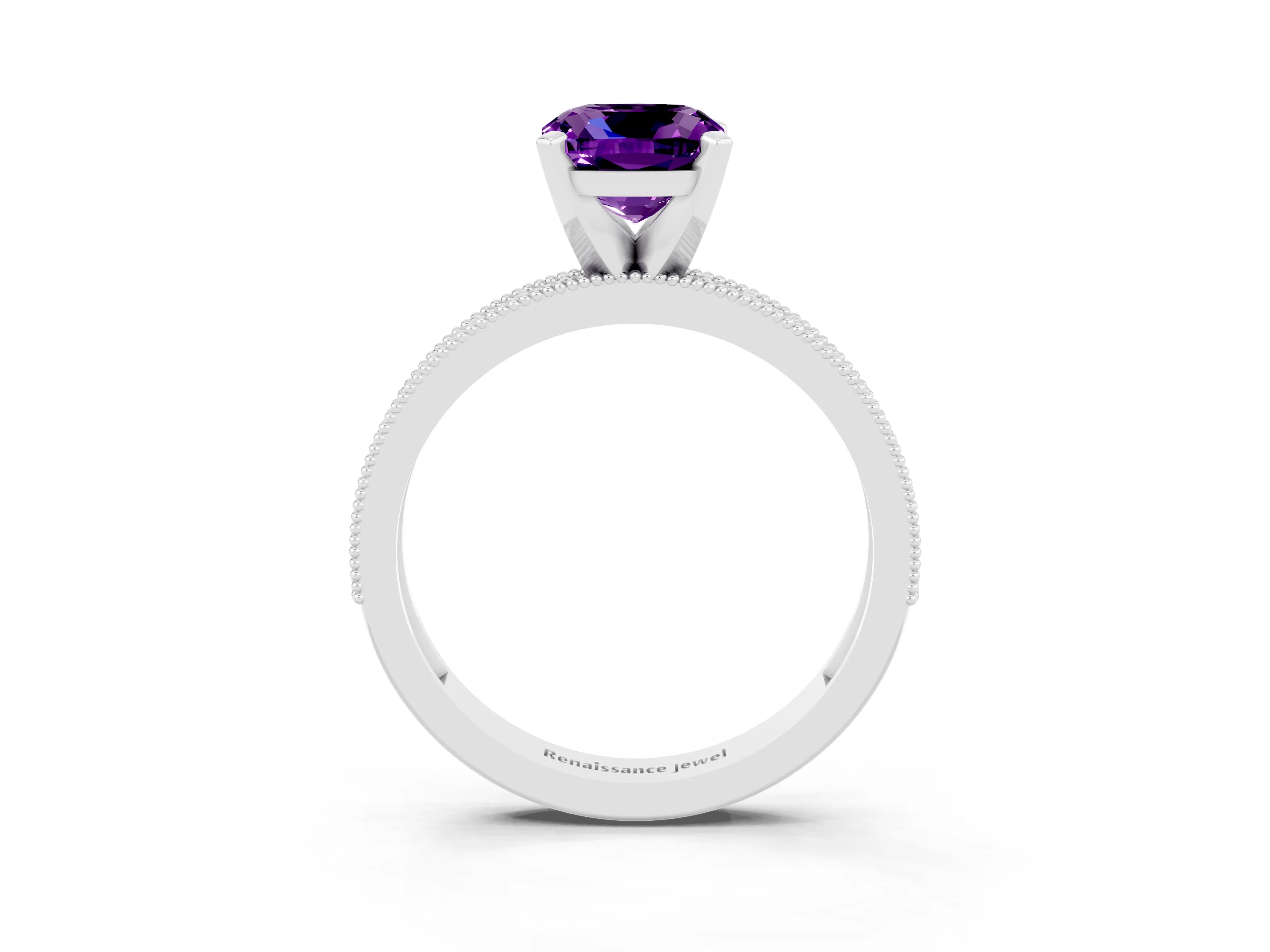 White gold Cushion Cut Amethyst Milgrain Pavé Engagement Ring with Four-Prong Setting_15