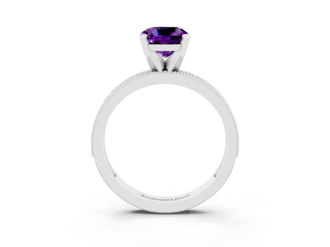 White gold Cushion Cut Amethyst Milgrain Pavé Engagement Ring with Four-Prong Setting_15