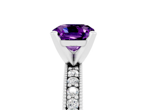 White gold Cushion Cut Amethyst Milgrain Pavé Engagement Ring with Four-Prong Setting_17
