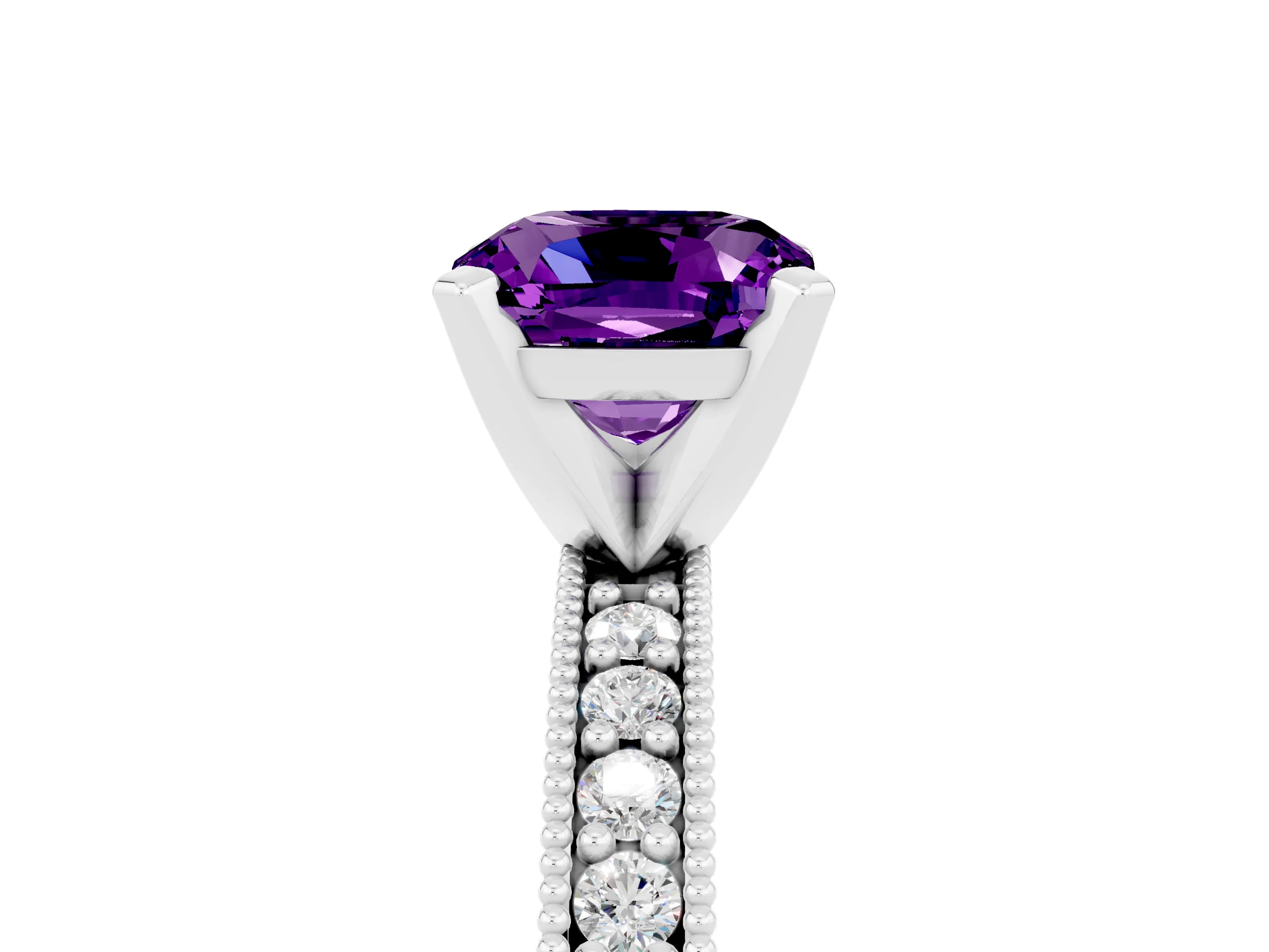 White gold Cushion Cut Amethyst Milgrain Pavé Engagement Ring with Four-Prong Setting_17