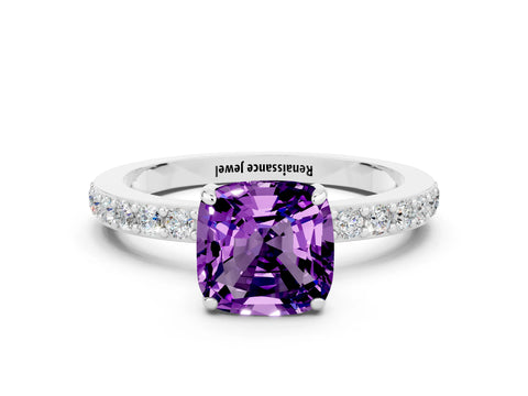 White gold Cushion Cut Amethyst Pavé Engagement Ring with Round  Accents and Prong Setting_24