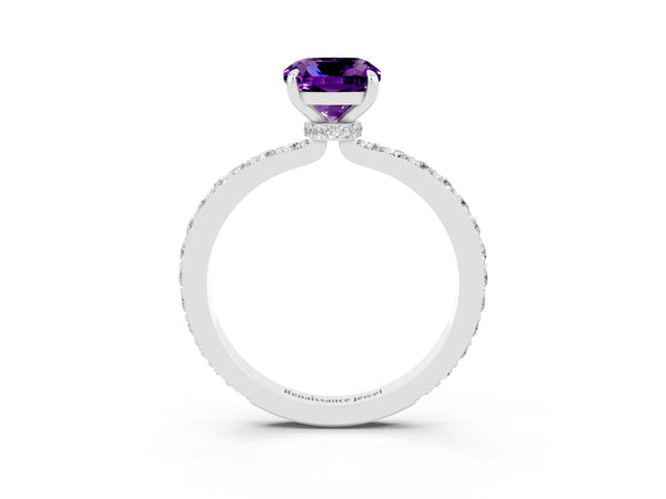 Silver Cushion Cut Amethyst Pavé Engagement Ring with Round  Accents and Prong Setting