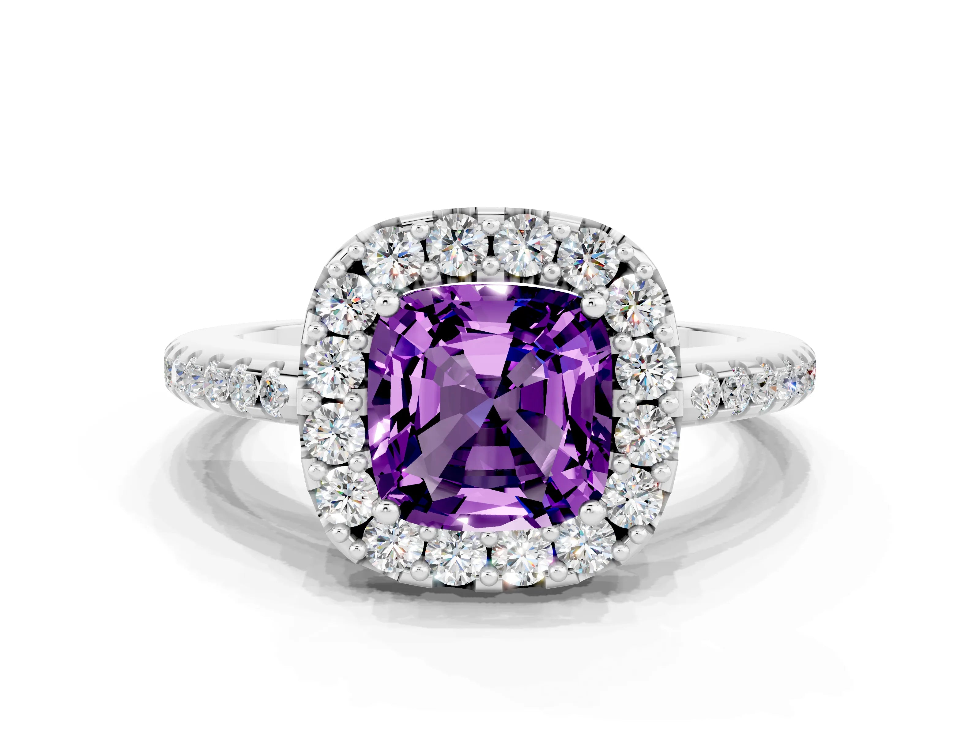 White gold Cushion Cut Amethyst Pavé Halo Ring with Four-Prong Setting_12