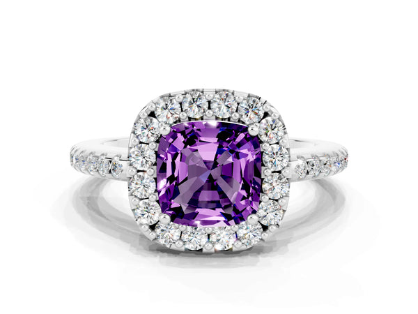 Platinum Cushion Cut Amethyst Pavé Halo Ring with Four-Prong Setting