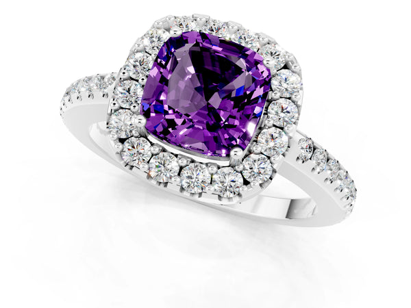 Platinum Cushion Cut Amethyst Pavé Halo Ring with Four-Prong Setting