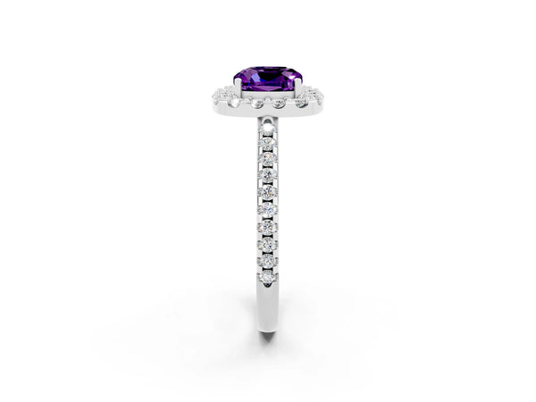 Platinum Cushion Cut Amethyst Pavé Halo Ring with Four-Prong Setting