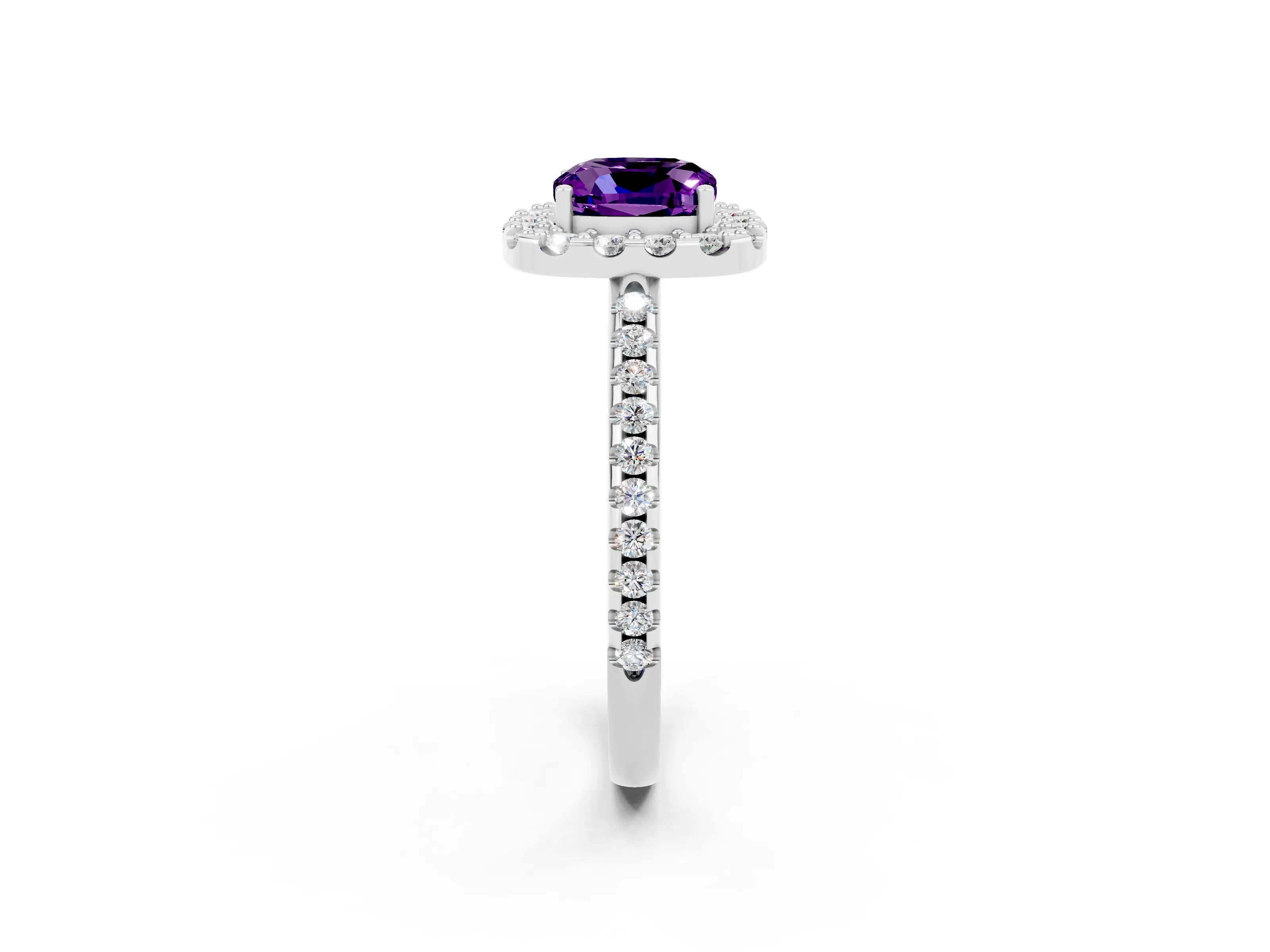 White gold Cushion Cut Amethyst Pavé Halo Ring with Four-Prong Setting_14