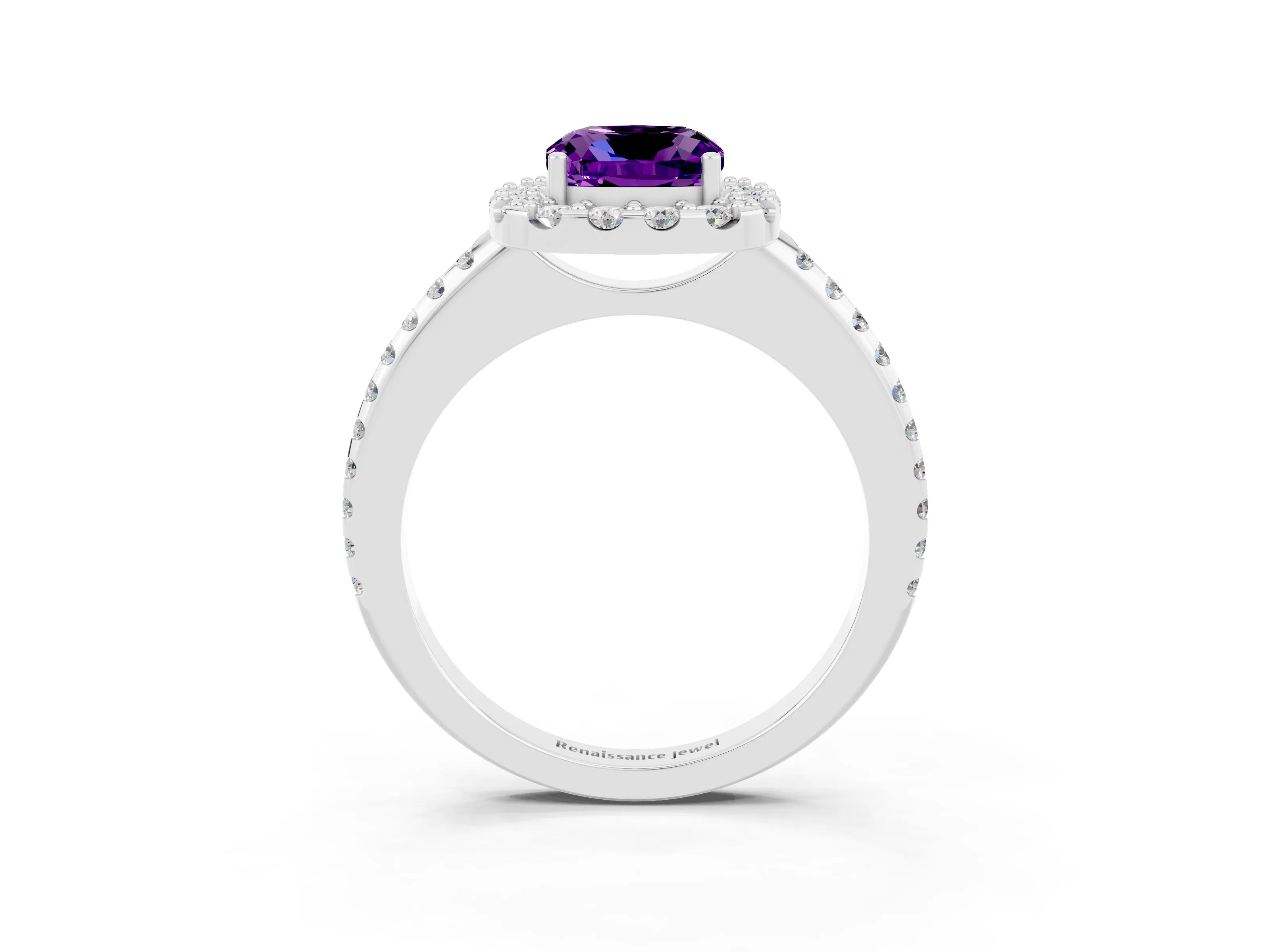 White gold Cushion Cut Amethyst Pavé Halo Ring with Four-Prong Setting_15