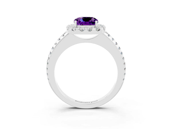 White gold Cushion Cut Amethyst Pavé Halo Ring with Four-Prong Setting