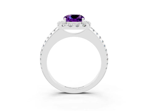 White gold Cushion Cut Amethyst Pavé Halo Ring with Four-Prong Setting_15