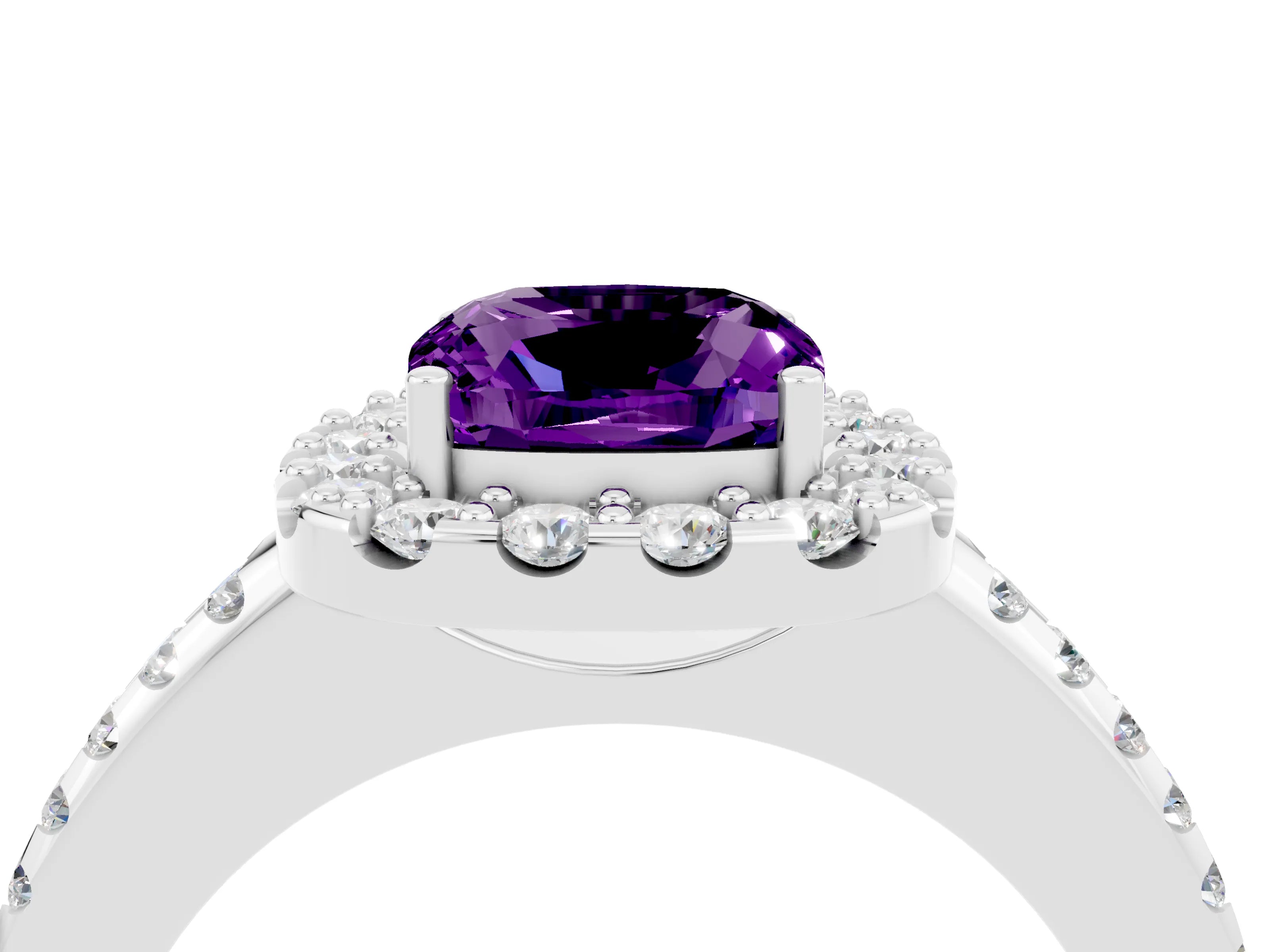 White gold Cushion Cut Amethyst Pavé Halo Ring with Four-Prong Setting_16