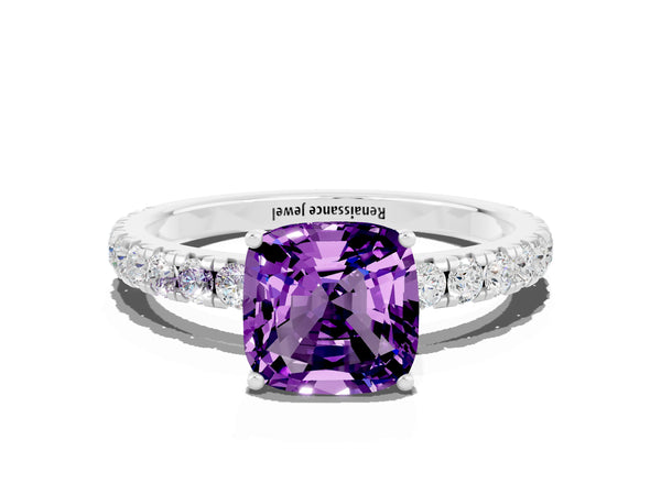 Platinum Cushion Cut Amethyst Pavé Solitaire Engagement Ring with Four-Prong Setting