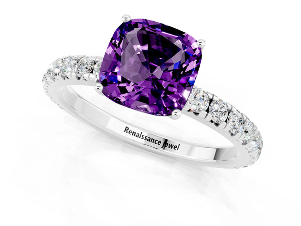 Silver Cushion Cut Amethyst Pavé Solitaire Engagement Ring with Four-Prong Setting