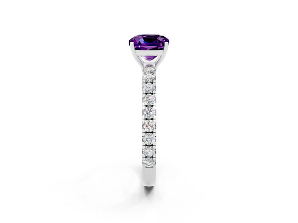 White gold Cushion Cut Amethyst Pavé Solitaire Engagement Ring with Four-Prong Setting