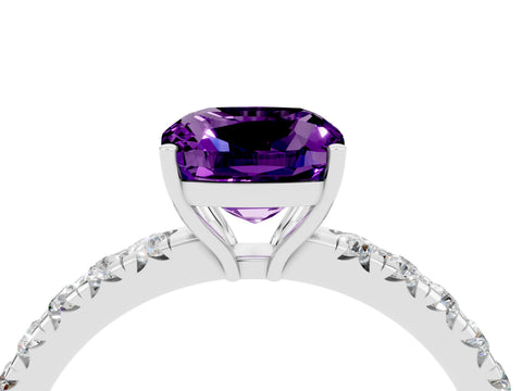 White gold Cushion Cut Amethyst Pavé Solitaire Engagement Ring with Four-Prong Setting_16