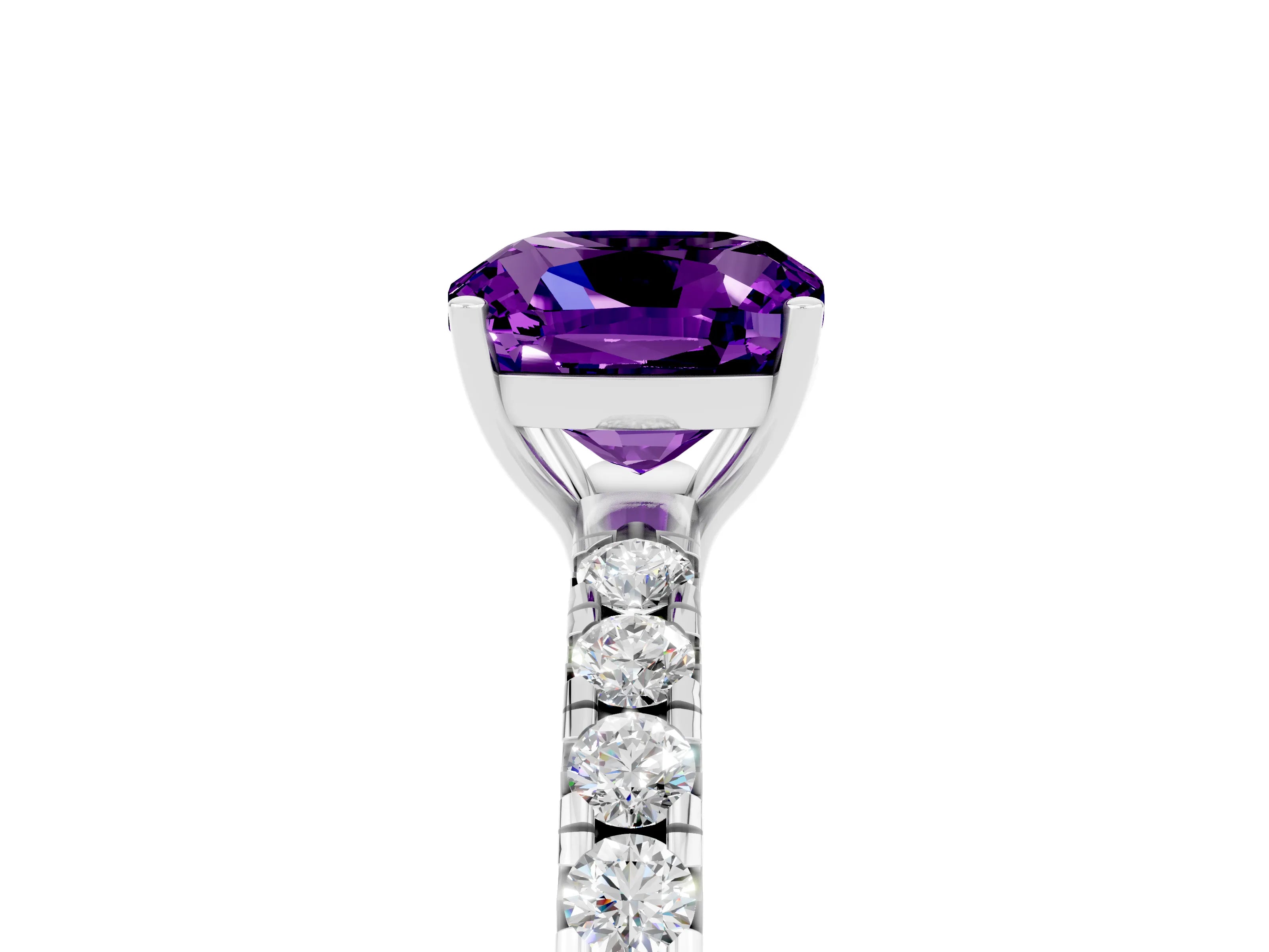 White gold Cushion Cut Amethyst Pavé Solitaire Engagement Ring with Four-Prong Setting_17