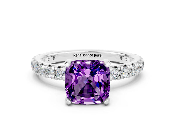 Silver Cushion Cut Amethyst Pavé Solitaire Ring with Round Band and Prong Setting