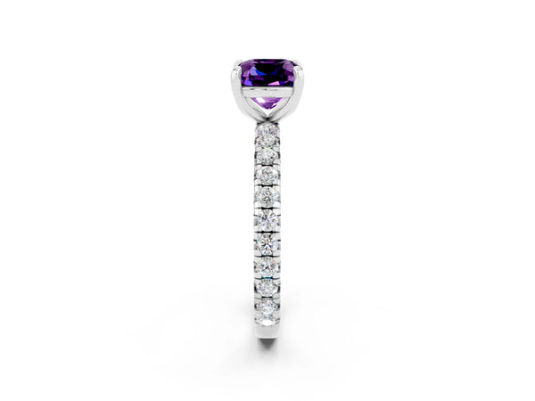 Platinum Cushion Cut Amethyst Pavé Solitaire Ring with Round Band and Prong Setting