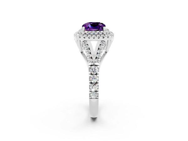Platinum Cushion Cut Amethyst Pavé Split Shank Double Halo Engagement Ring
