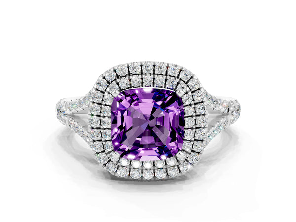 White gold Cushion Cut Amethyst Pavé Split Shank Double Halo Engagement Ring