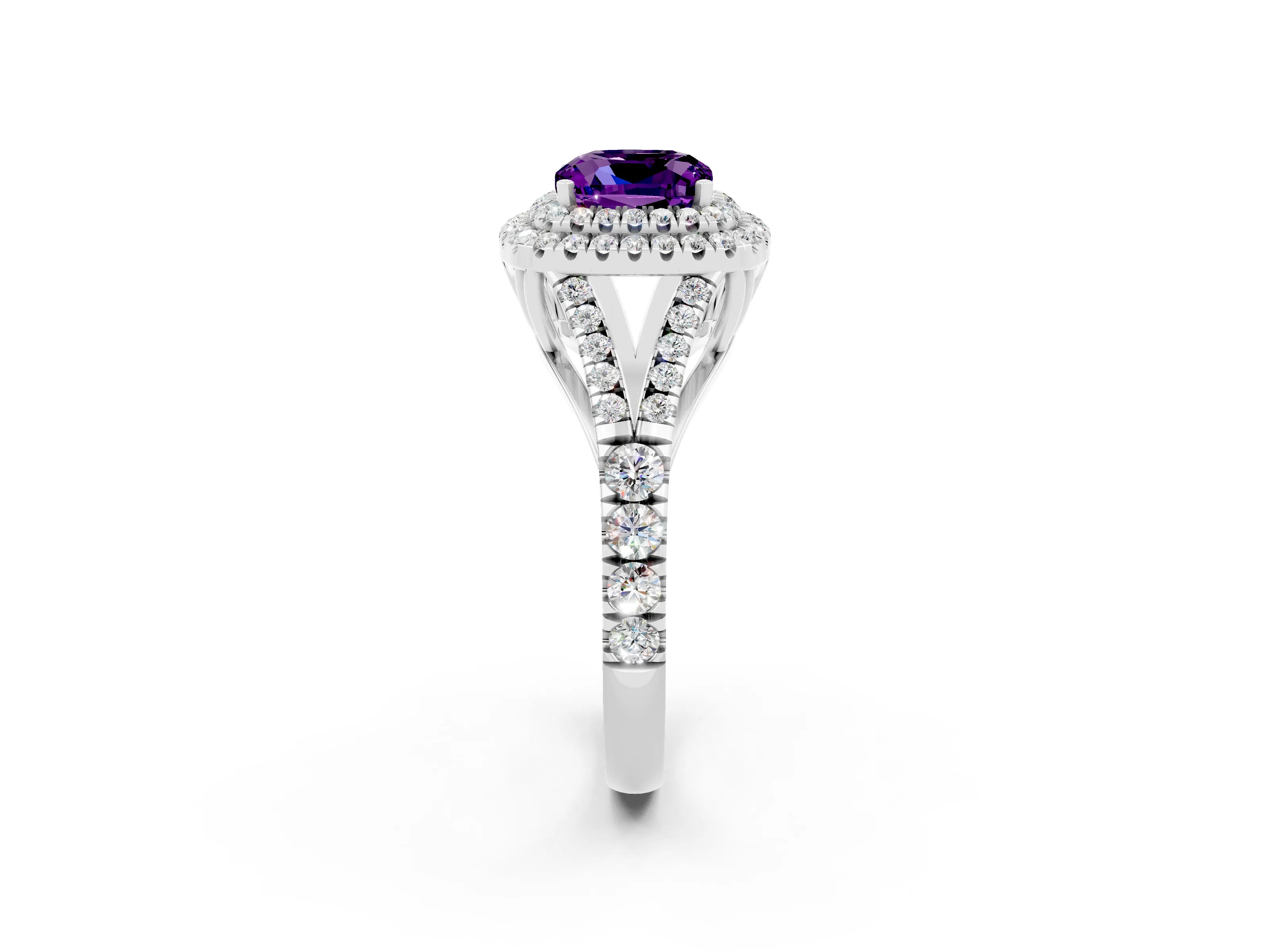 White gold Cushion Cut Amethyst Pavé Split Shank Double Halo Engagement Ring_2