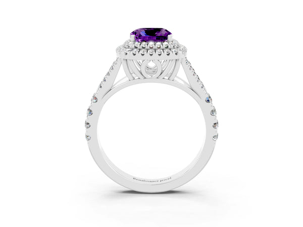 Silver Cushion Cut Amethyst Pavé Split Shank Double Halo Engagement Ring