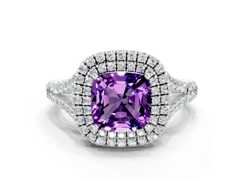 White gold Cushion Cut Amethyst Pavé Split Shank Double Halo Engagement Ring