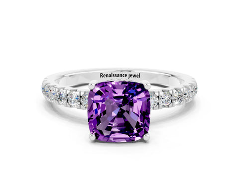 White gold Cushion Cut Amethyst Pave Band Solitaire Ring with Four-Prong Setting_24