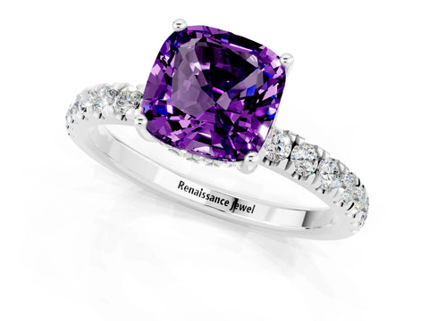 White gold Cushion Cut Amethyst Pave Band Solitaire Ring with Four-Prong Setting_25