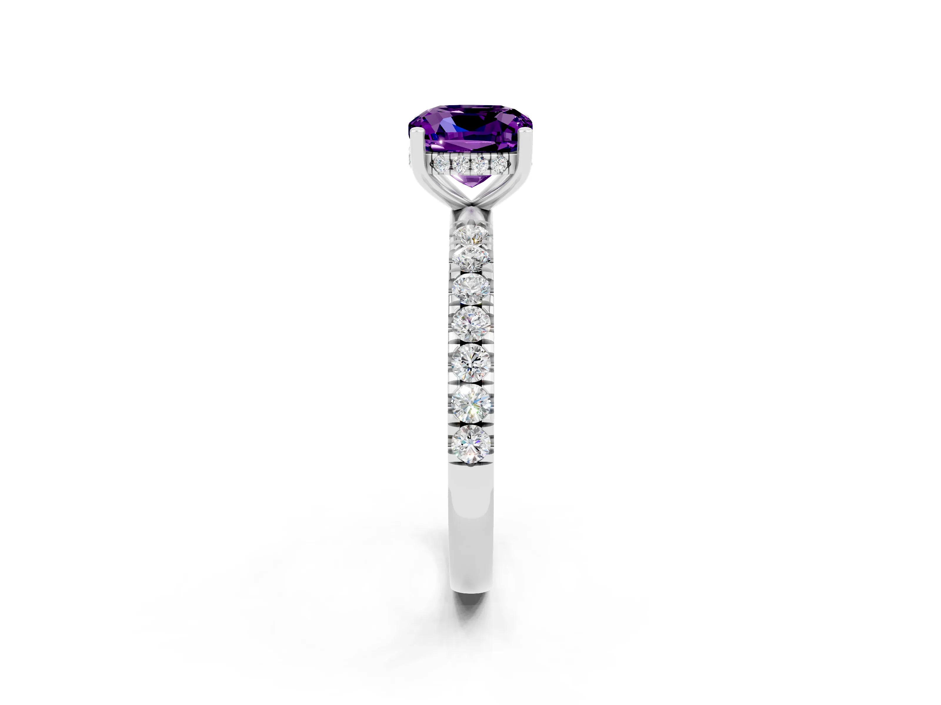 White gold Cushion Cut Amethyst Pave Band Solitaire Ring with Four-Prong Setting_26